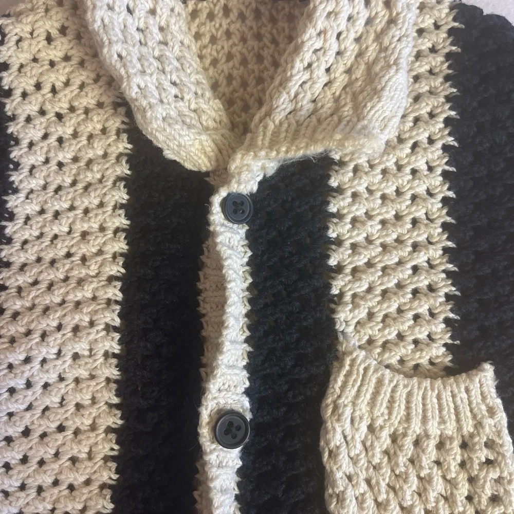 Zara Girls Size 6-7 Chunky Cotton Knit Cardigan Sweater Cream Ivory Black Stripe